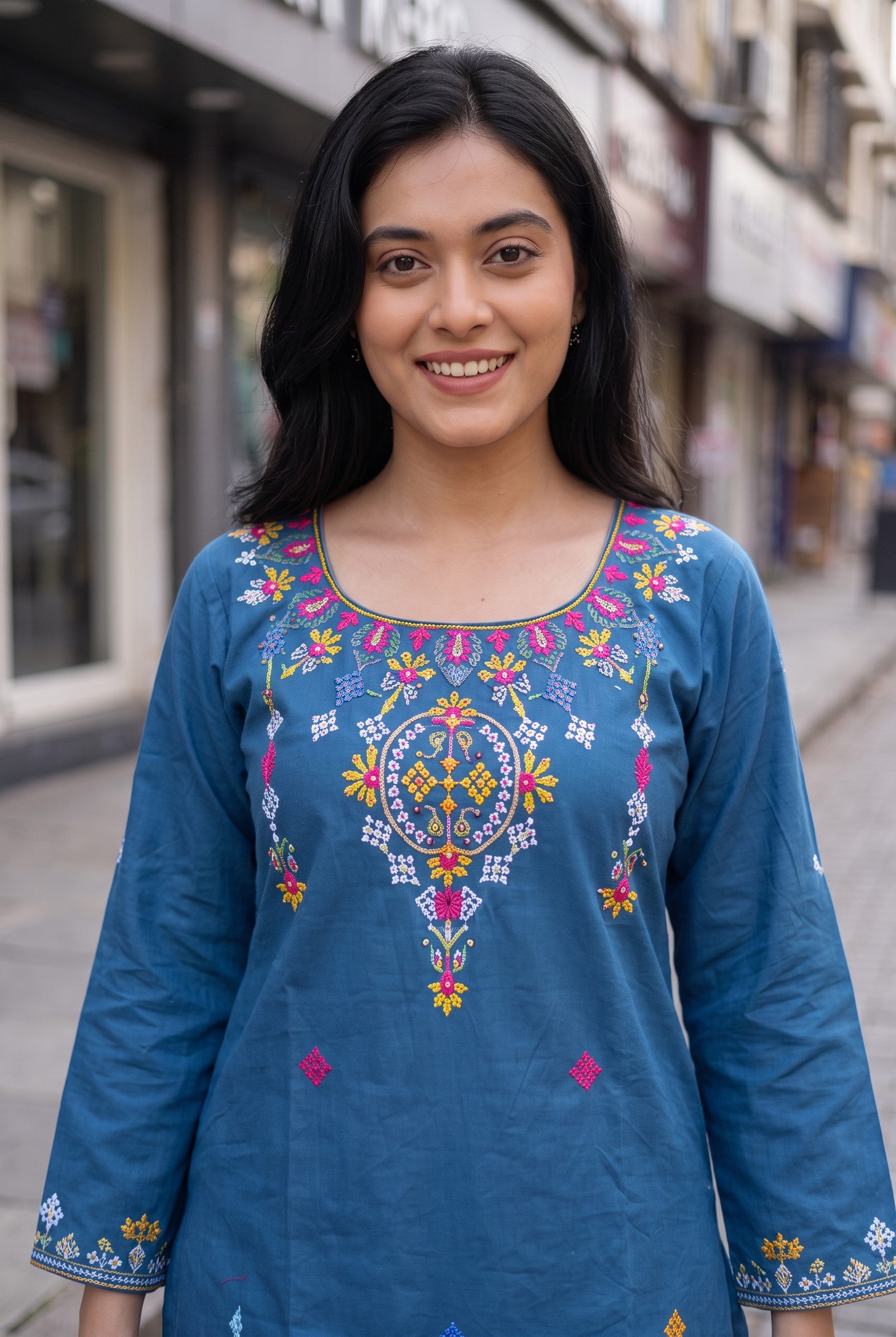 Turquise Color Hand Embroidered Cotton Kurti