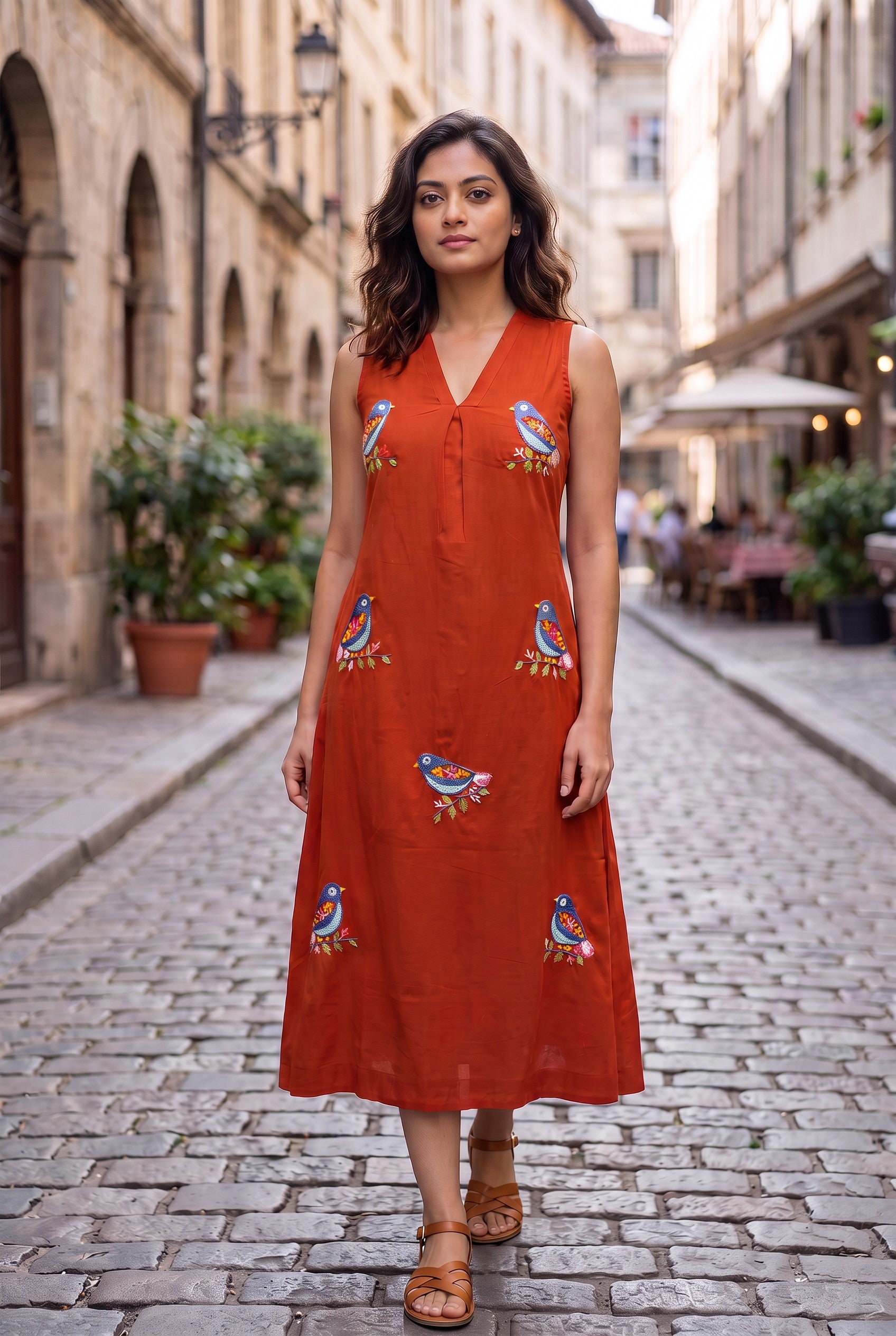 Rust Hand Embroudered Cotton Dress