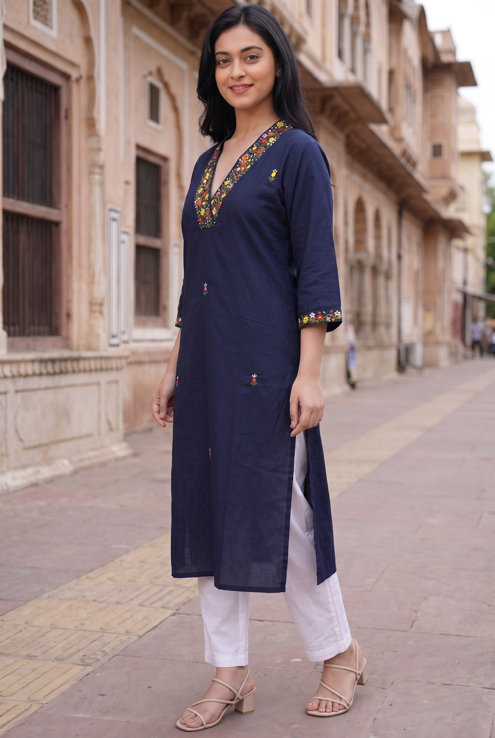 Mid Night Blue Cotton Hand Embroidery Kurta