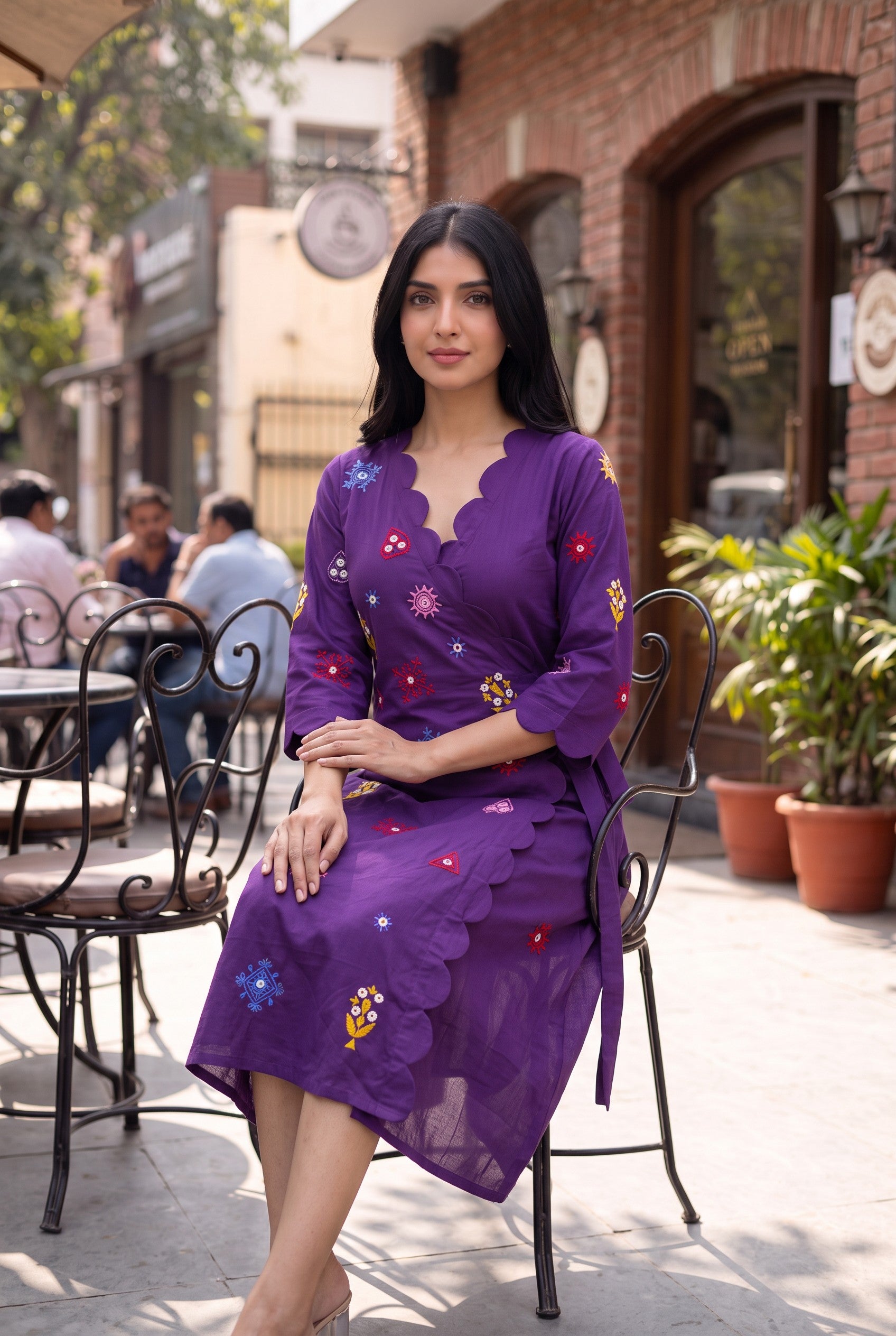 Purple Hand Embroidery With Mirror Work Wrap Dress