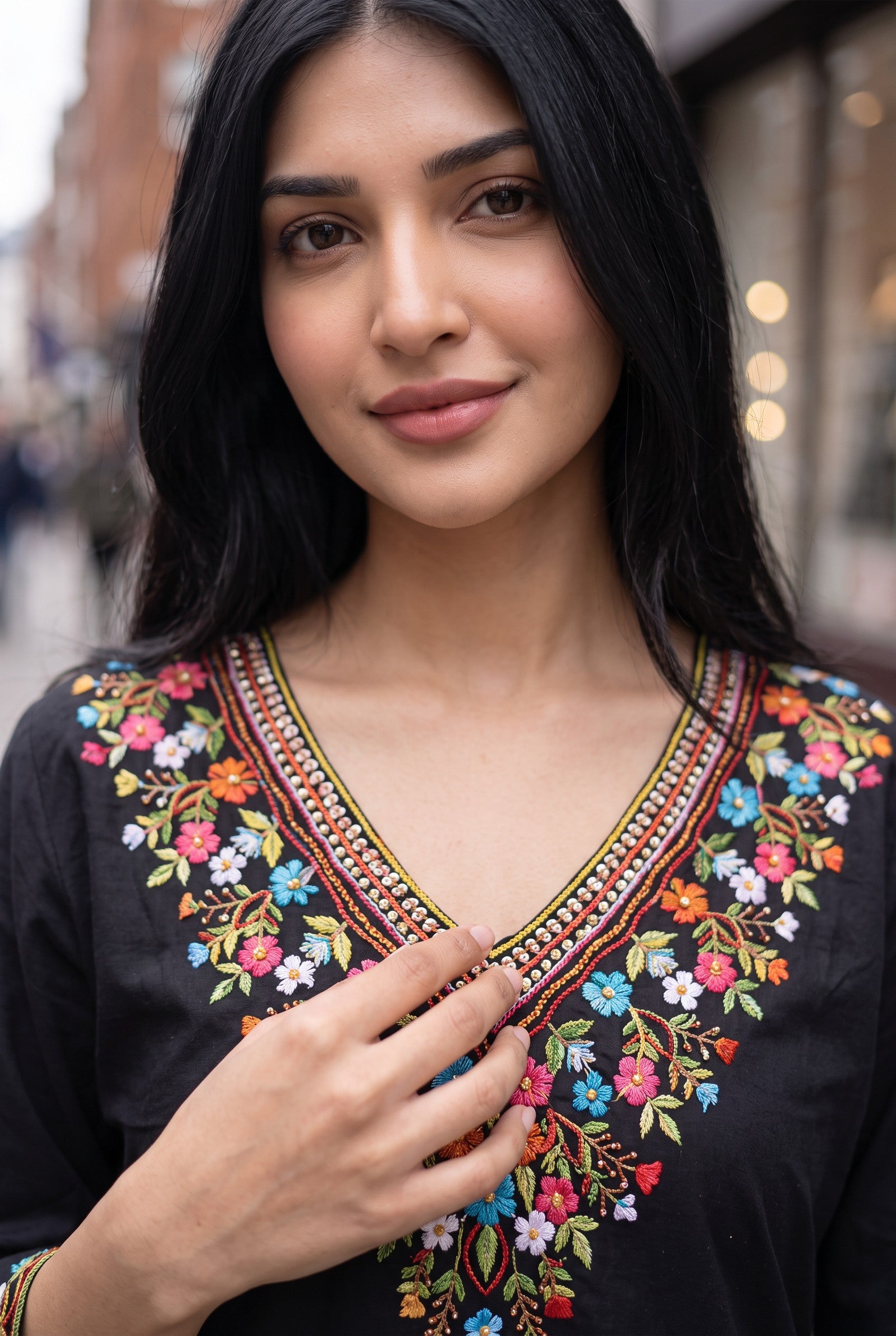 Hand Embroidery  Black Color Cotton Kurta