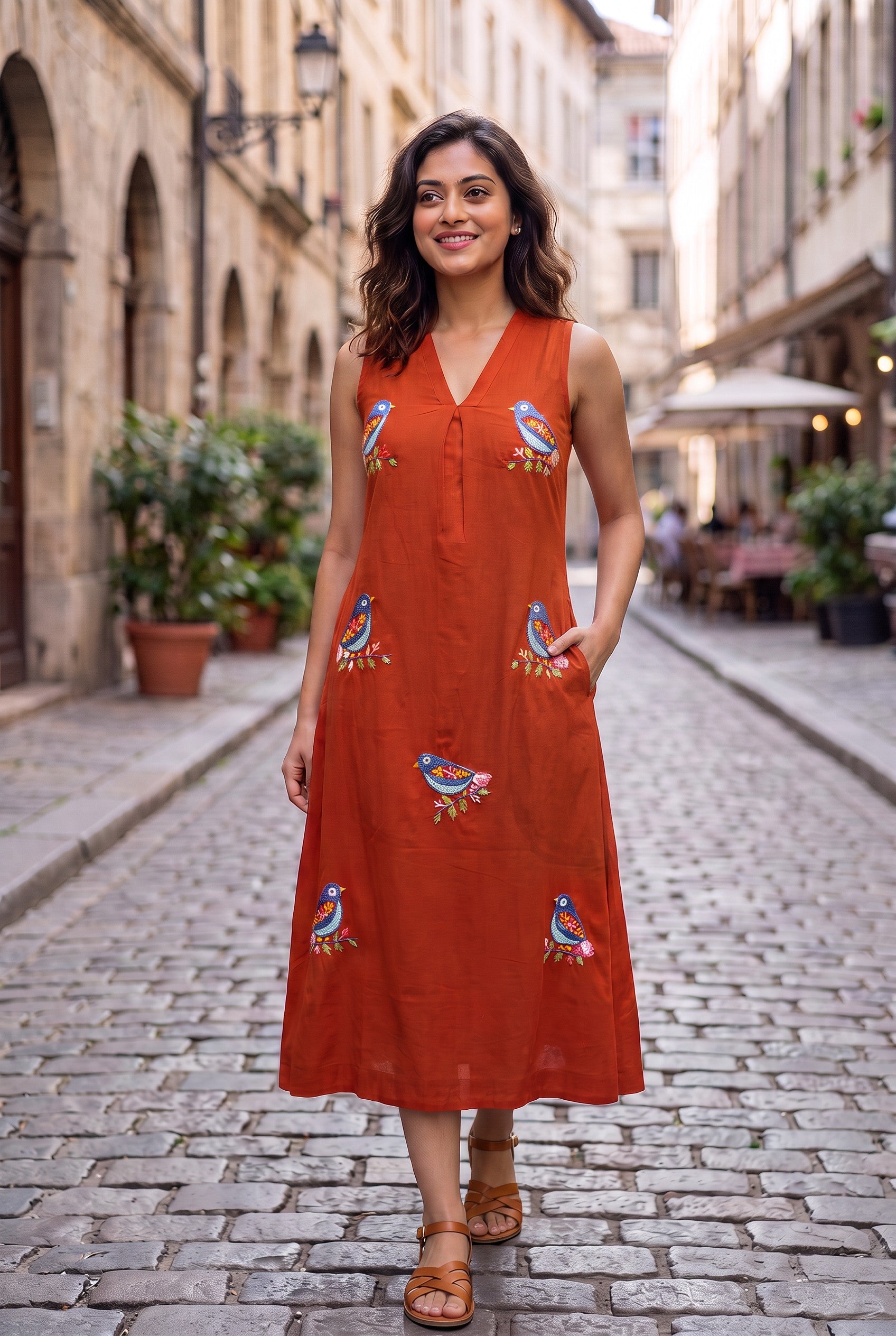 Rust Hand Embroudered Cotton Dress