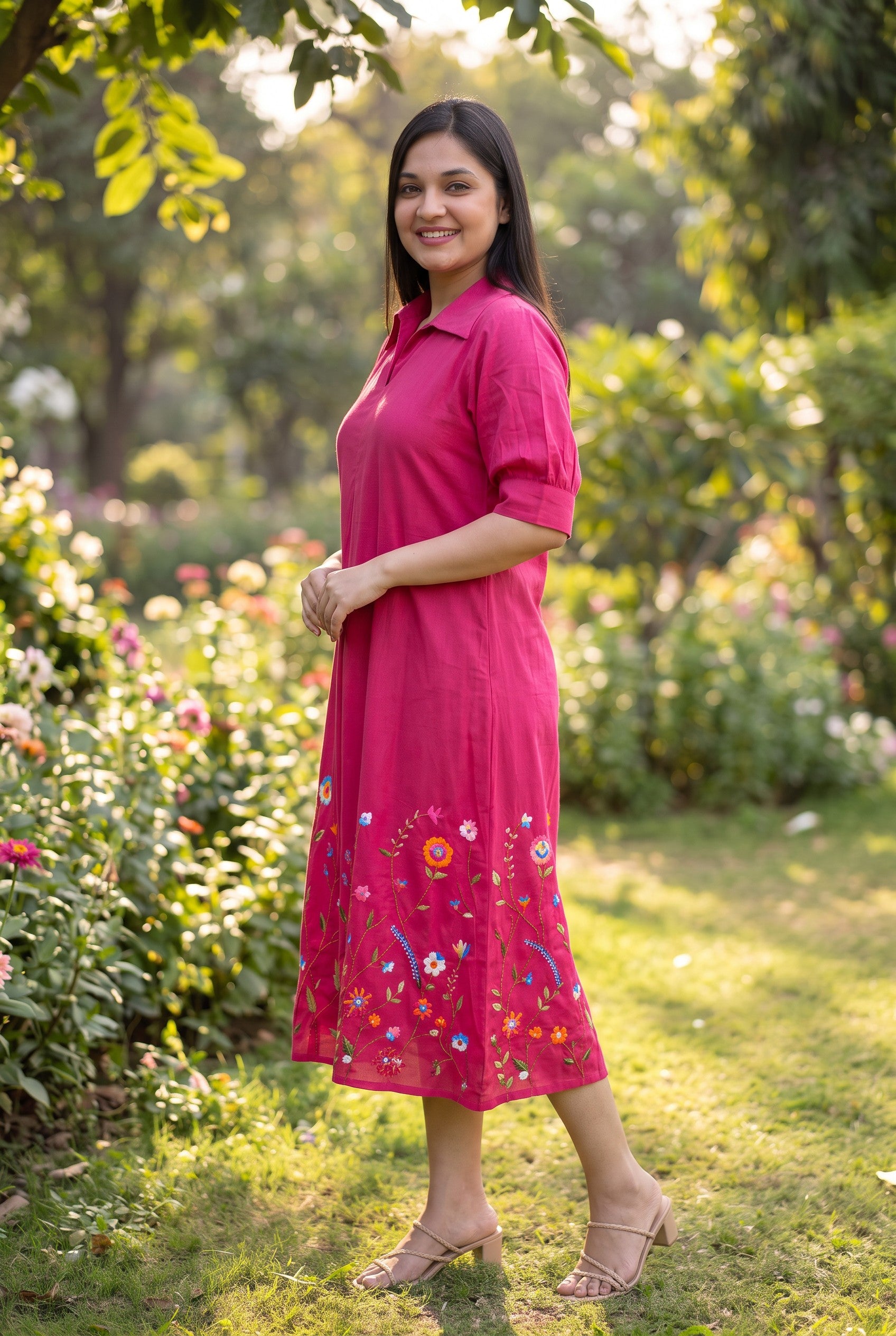 Pink Colour Hand Embroidered Midi Dresses