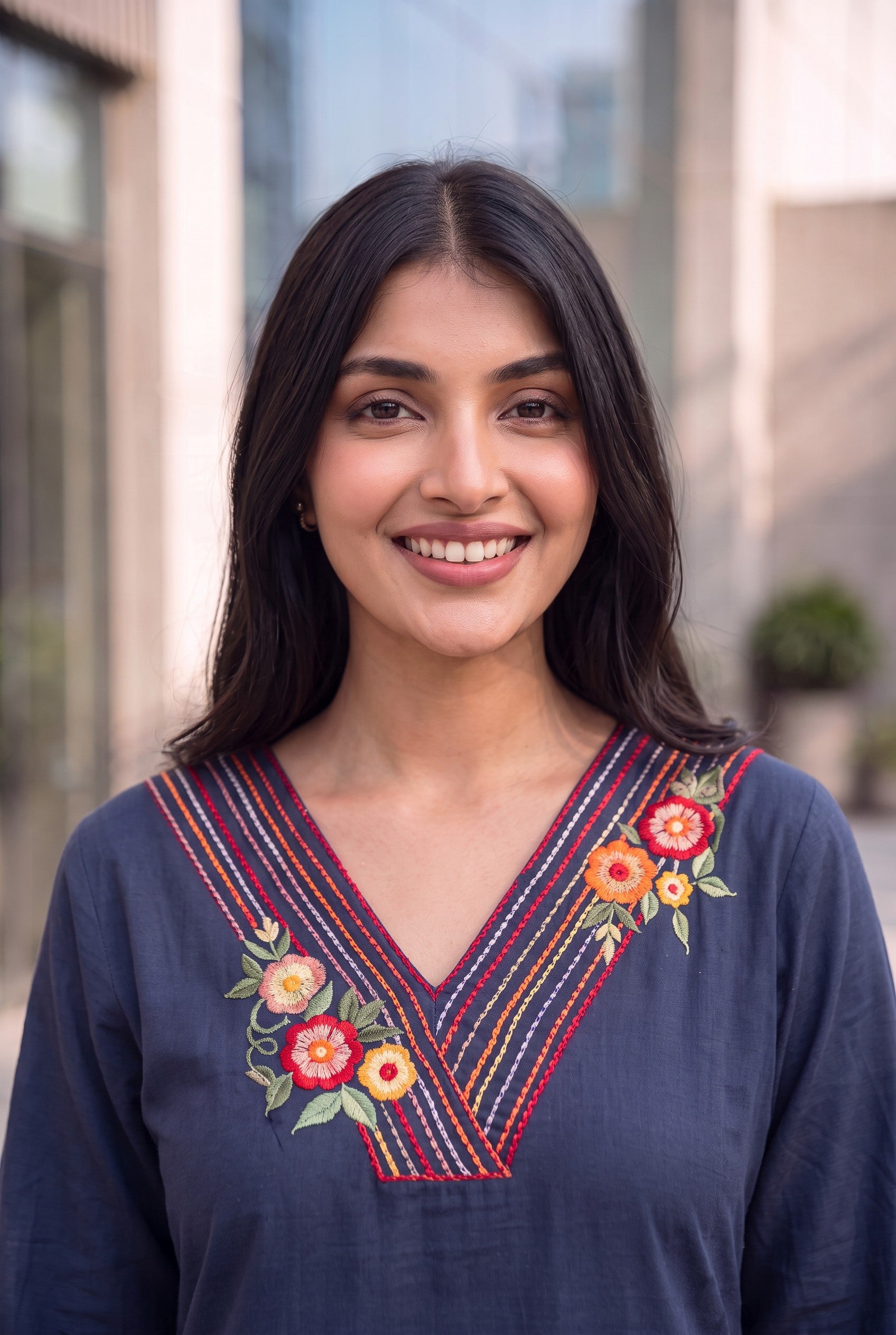 Mid Night Blue Cotton Embroidered Kurta