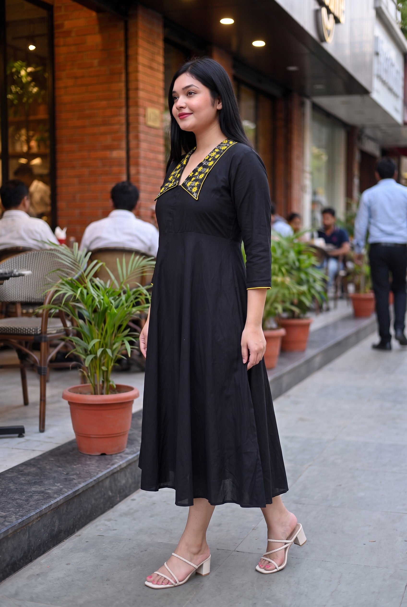 Hand Embroidered Black Colour Cotton Midi Dress