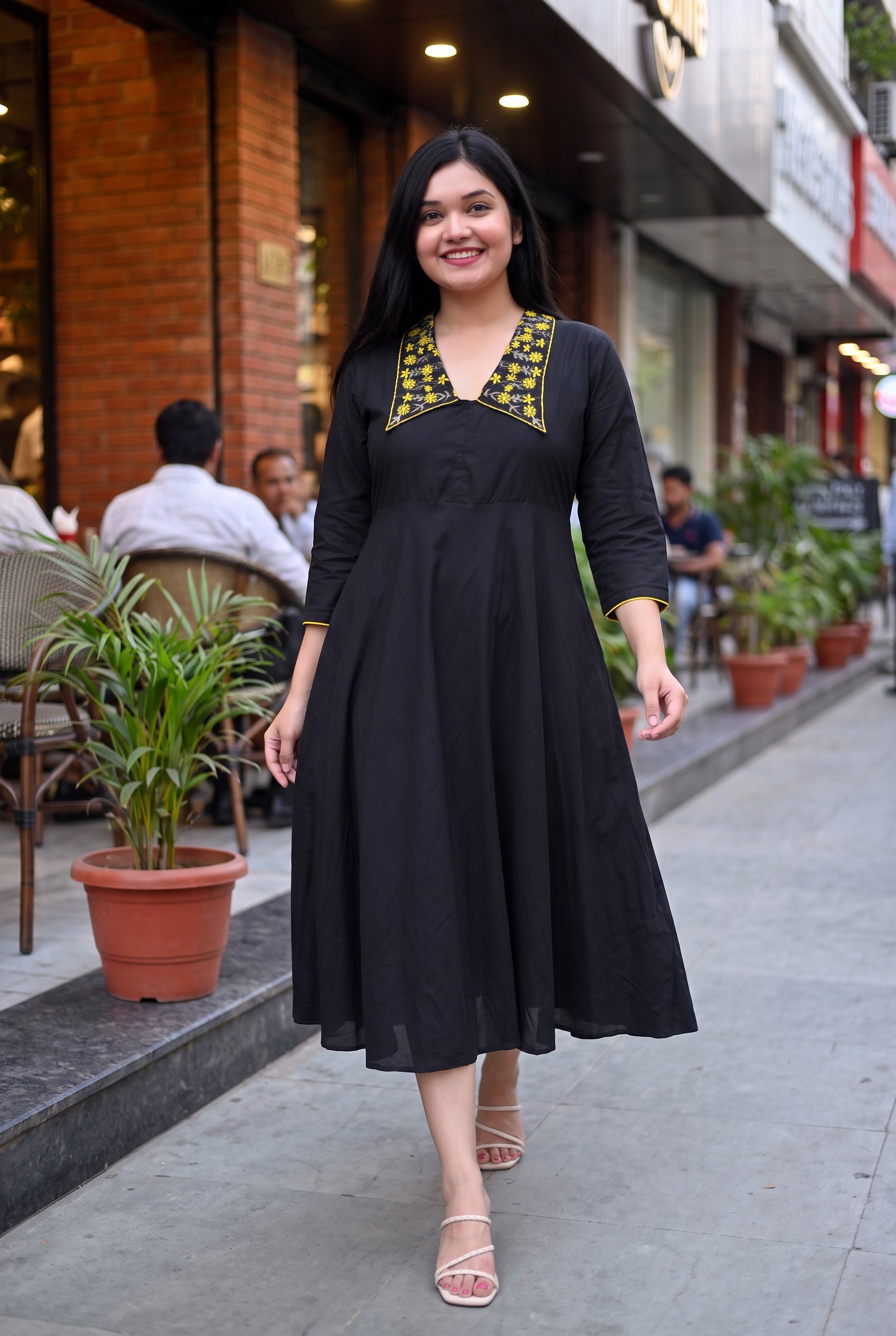 Hand Embroidered Black Colour Cotton Midi Dress
