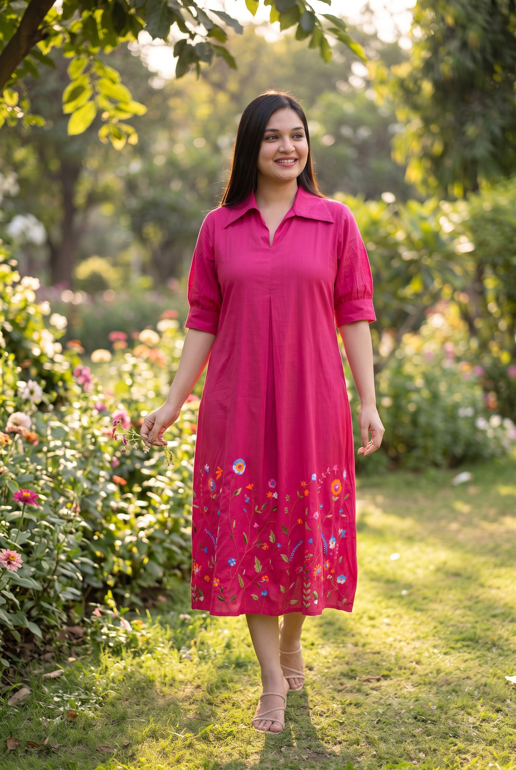 Pink Colour Hand Embroidered Midi Dresses