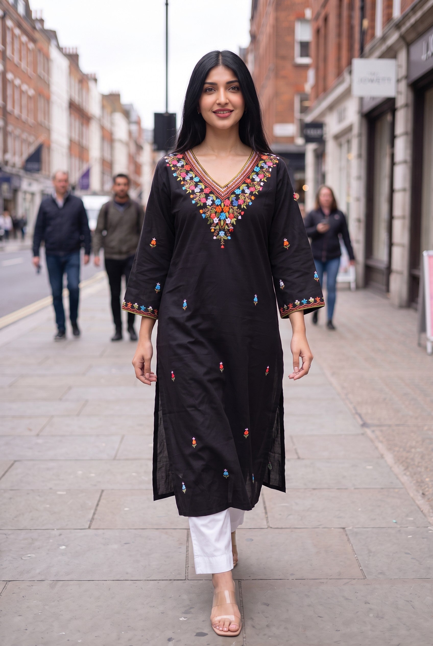 Hand Embroidery  Black Color Cotton Kurta