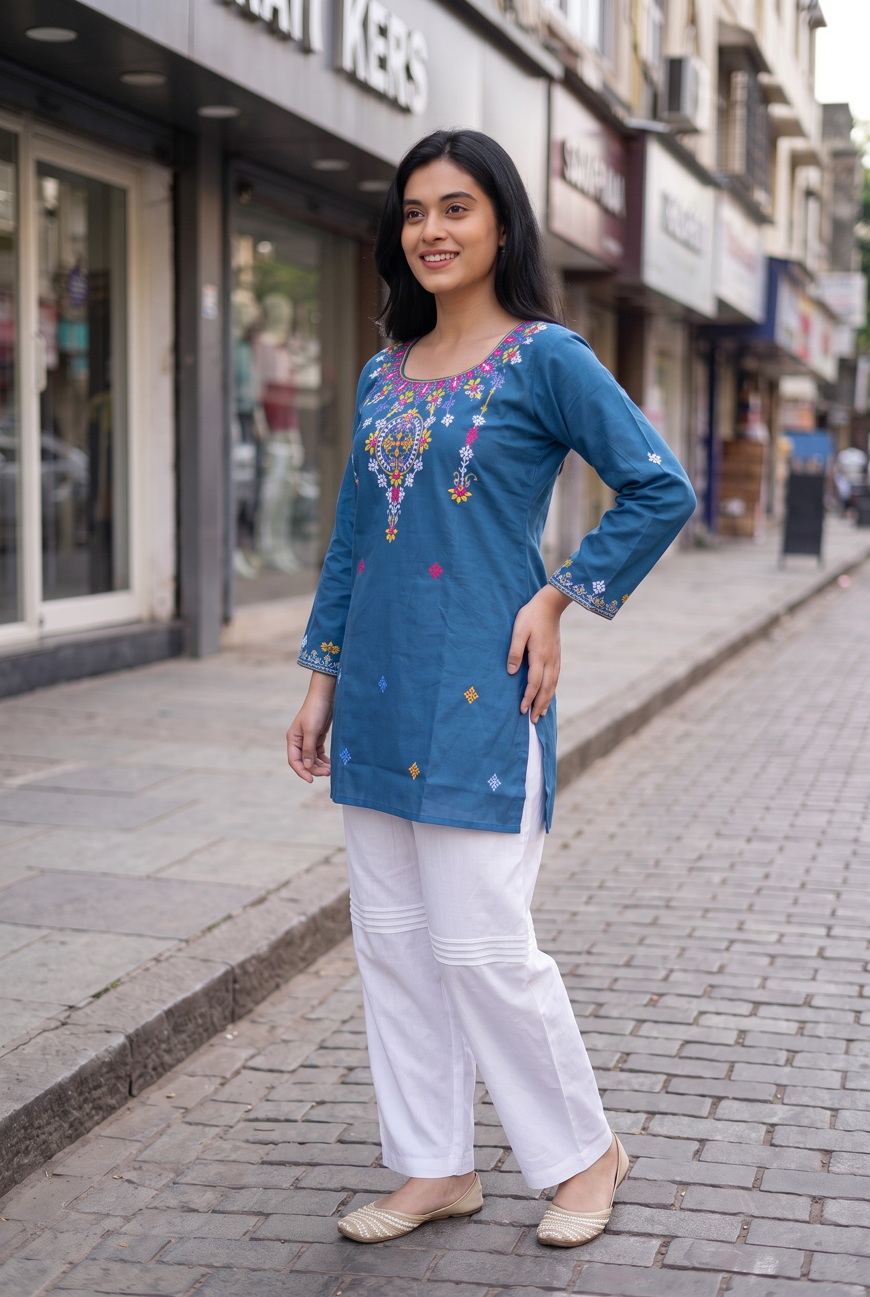 Turquise Color Hand Embroidered Cotton Kurti