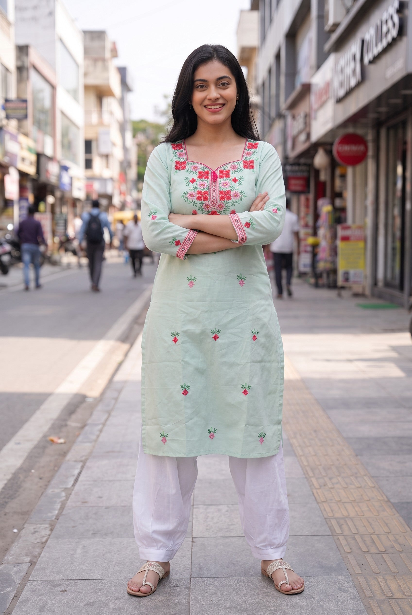 Pastel Mint Color Hand Embroidered Cotton Kurta