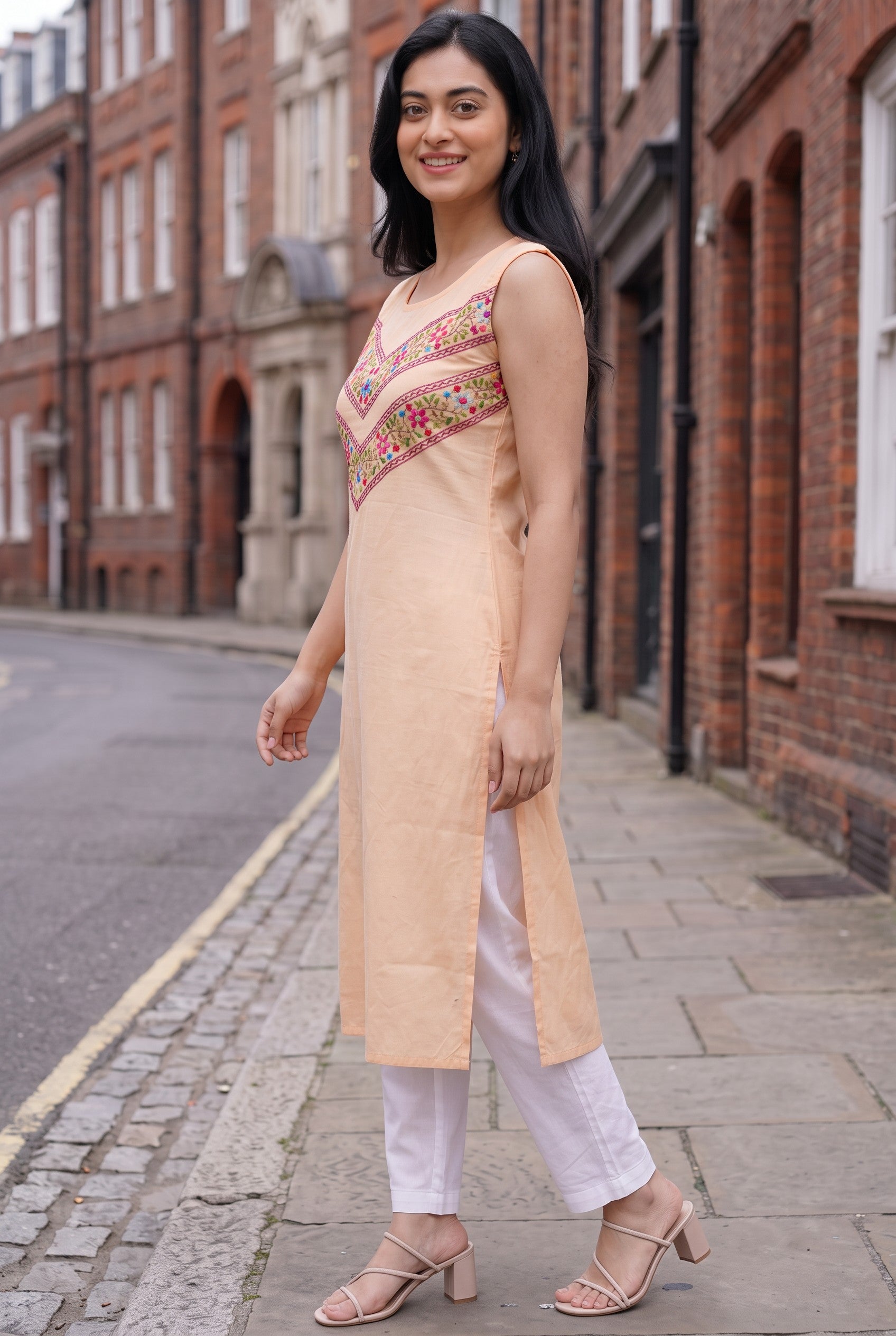 Peach Color Hand Embroidered Cotton Kurta