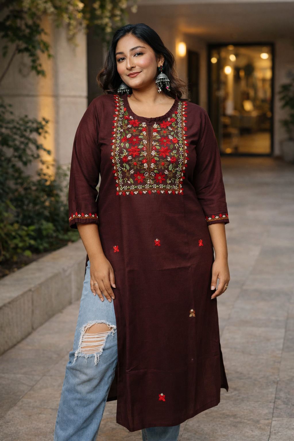 Chocolate Color Hand Embroidery Cotton Kurta