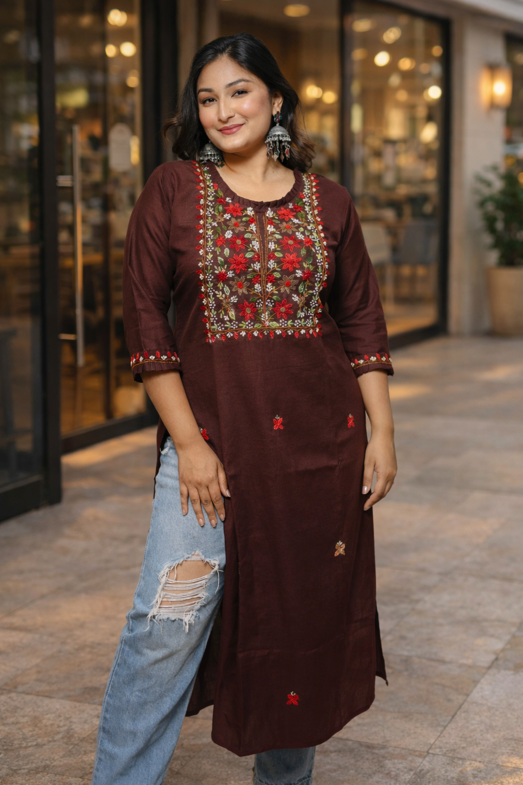 Chocolate Color Hand Embroidery Cotton Kurta