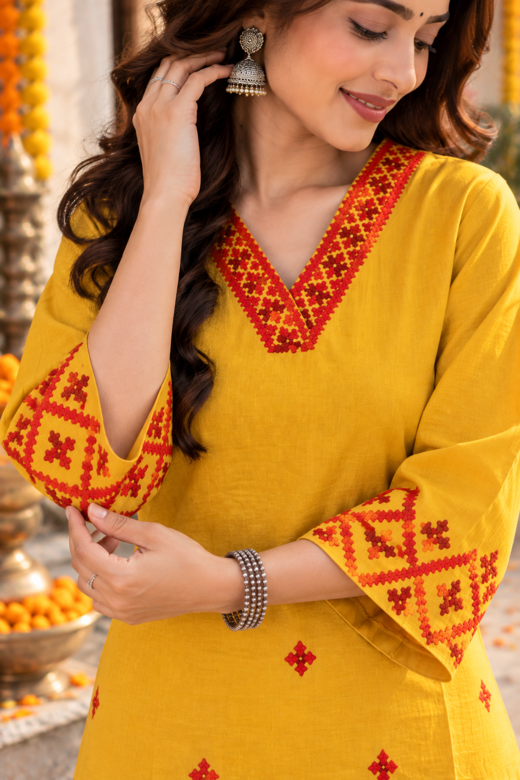 Yellow Kutch Hand Embroidered Cotton Kurta