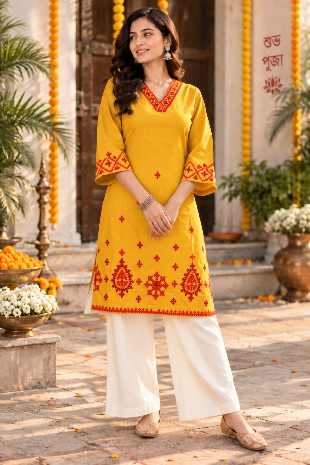 Yellow Kutch Hand Embroidered Cotton Kurta
