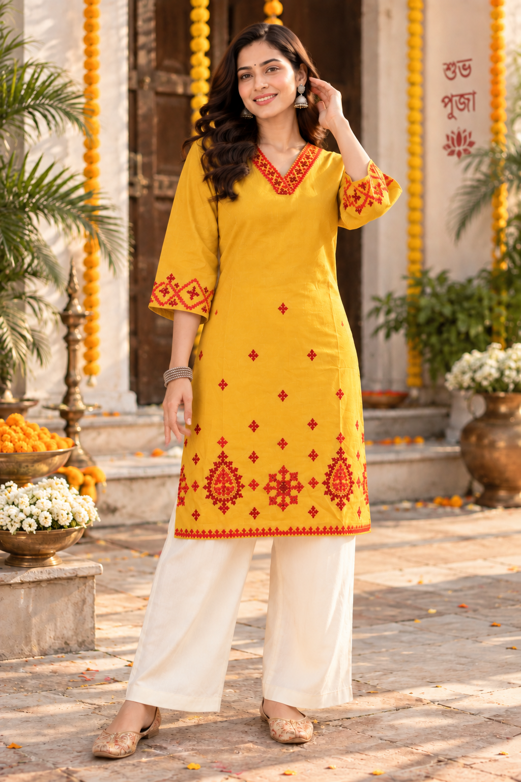 Yellow Kutch Hand Embroidered Cotton Kurta