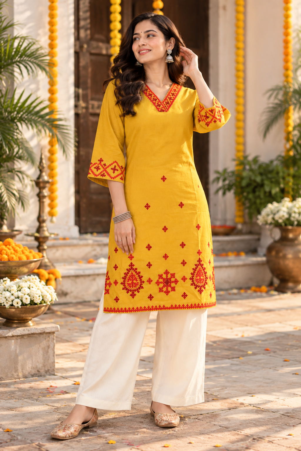 Yellow Kutch Hand Embroidered Cotton Kurta
