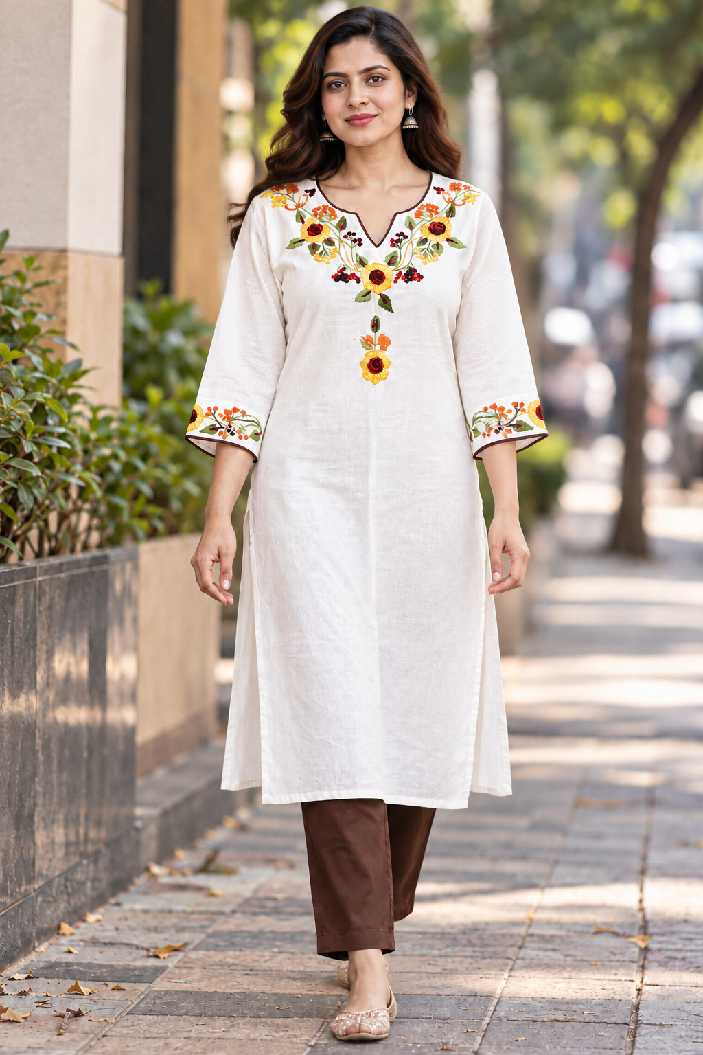 Off White Hand Embroidered Cotton Kurta