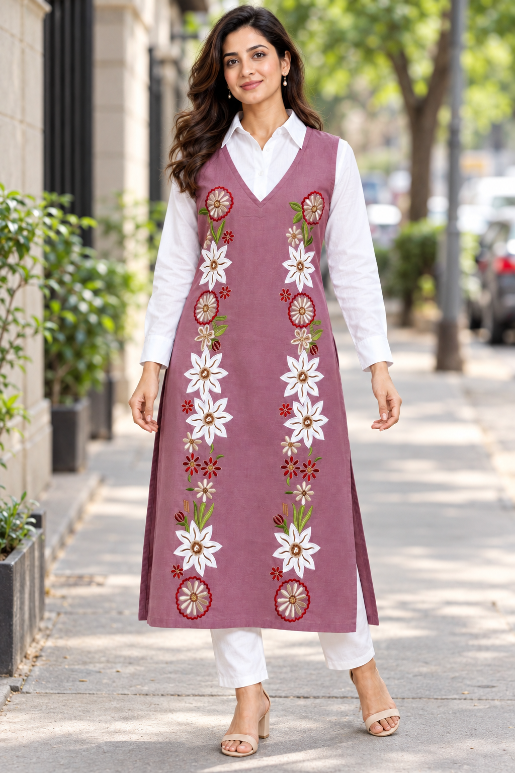 Onion Pink Emebroidered Cotton Kurta