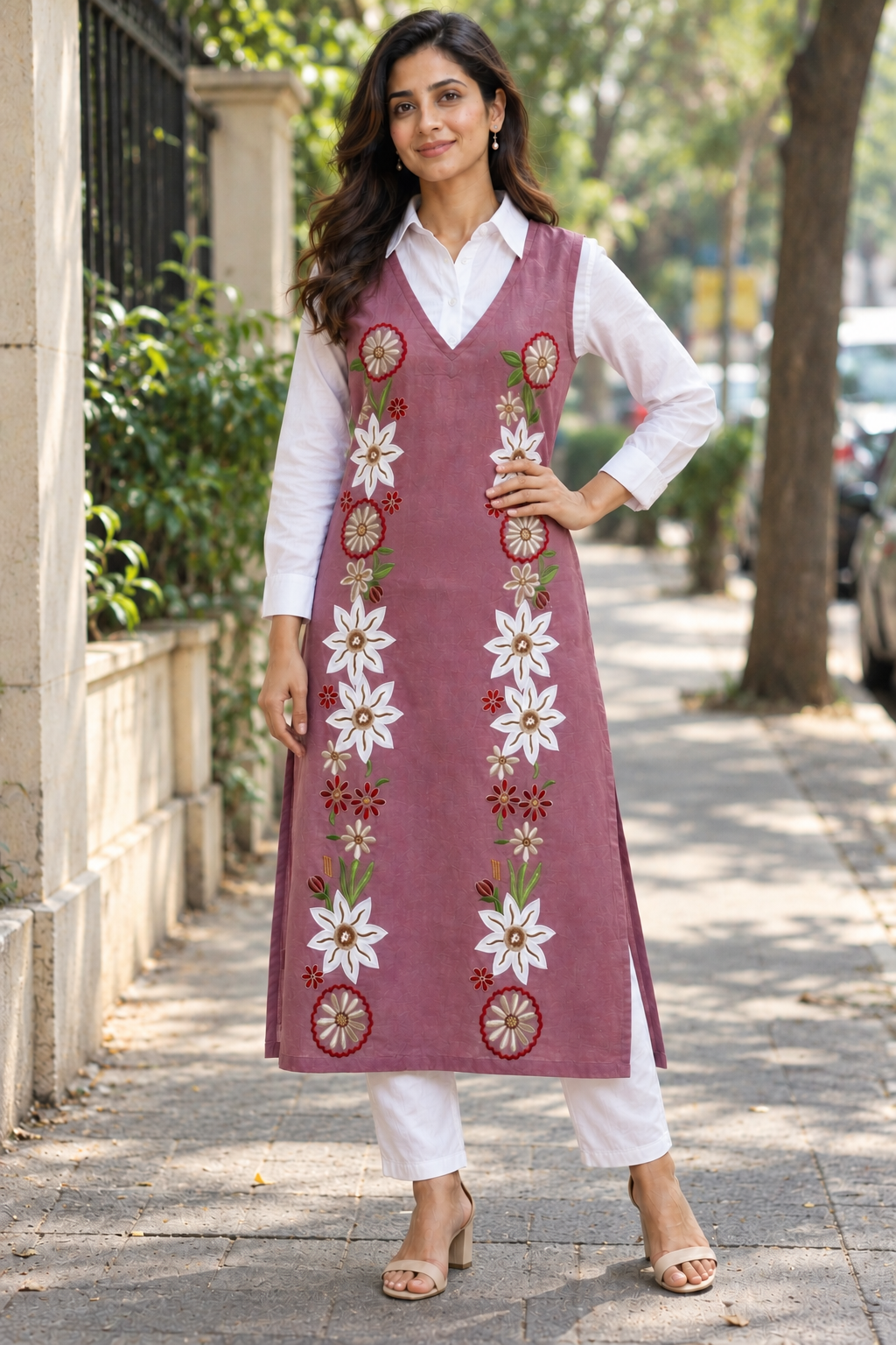 Onion Pink Emebroidered Cotton Kurta