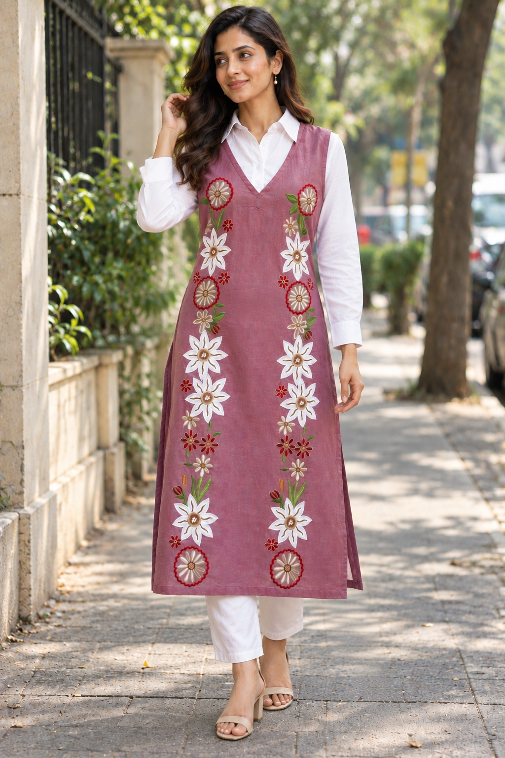 Onion Pink Emebroidered Cotton Kurta
