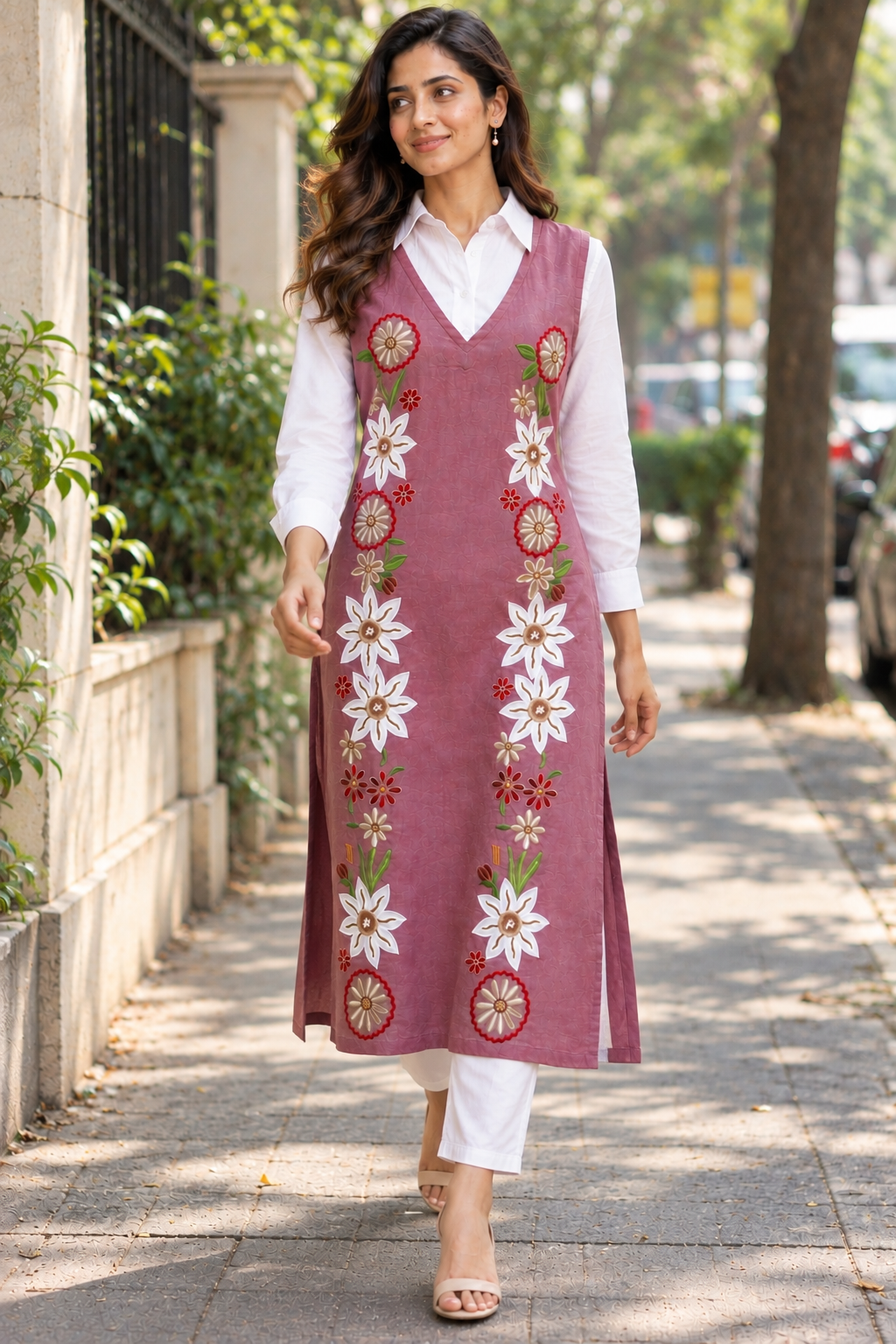 Onion Pink Emebroidered Cotton Kurta