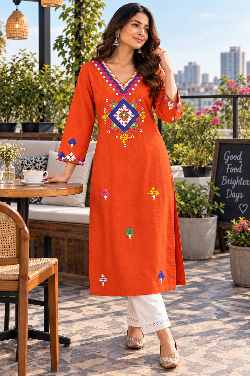 Rust Color Kutch Embroidery Cotton Kurta