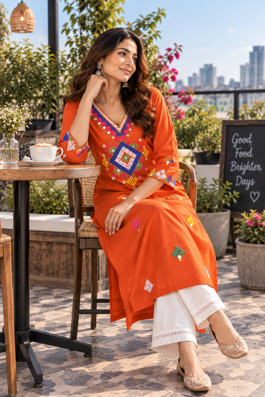 Rust Color Kutch Embroidery Cotton Kurta