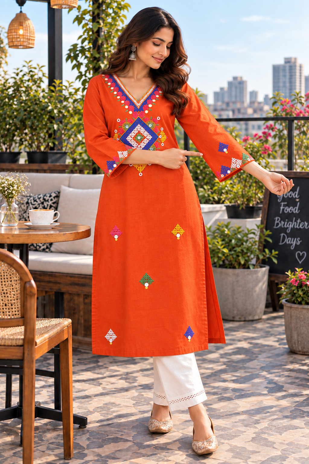 Rust Color Kutch Embroidery Cotton Kurta
