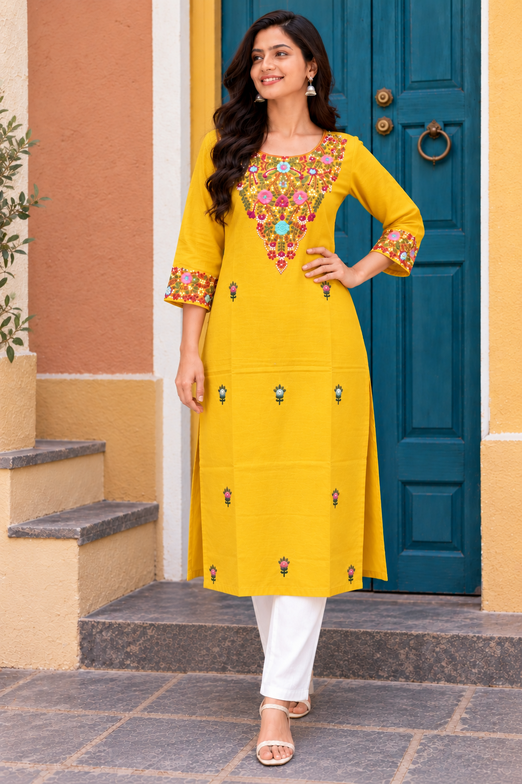 Yellow Color Cotton Hand Embroidered Kurta