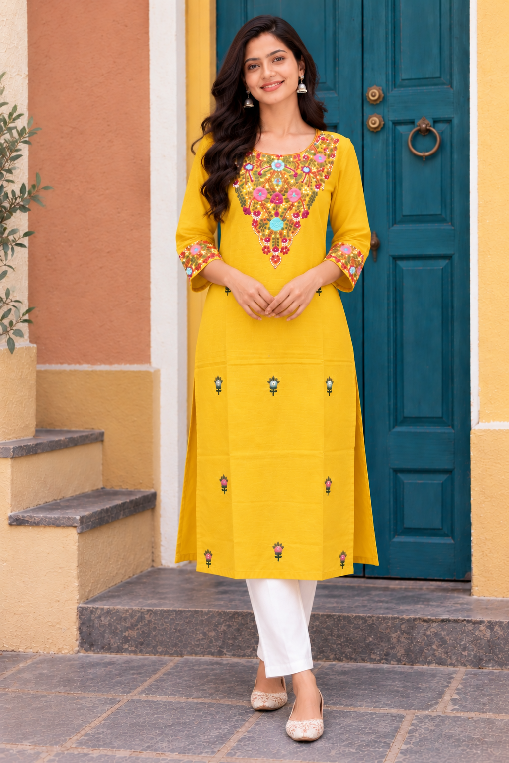 Yellow Color Cotton Hand Embroidered Kurta