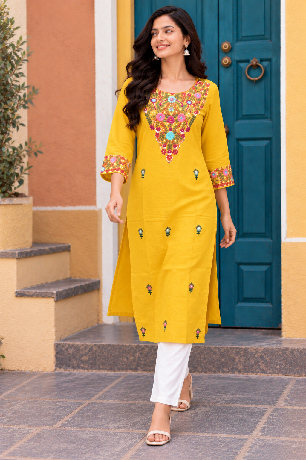 Yellow Color Cotton Hand Embroidered Kurta