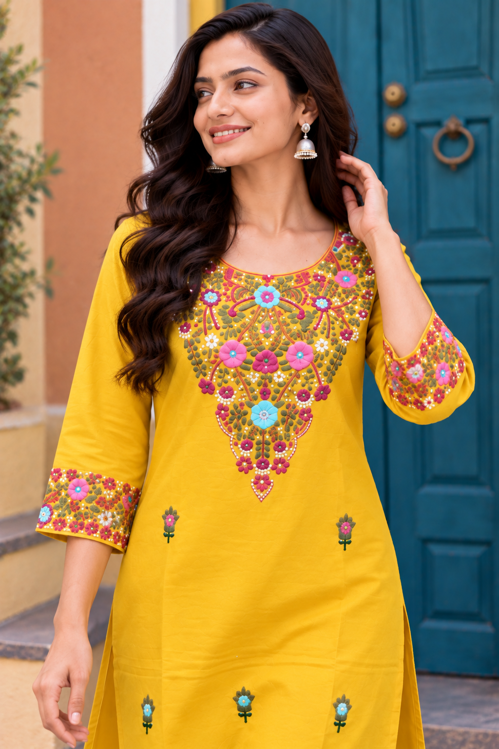 Yellow Color Cotton Hand Embroidered Kurta