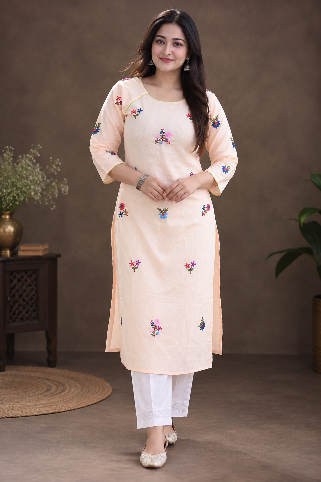 Peach Color Hand Embroidery Kurta