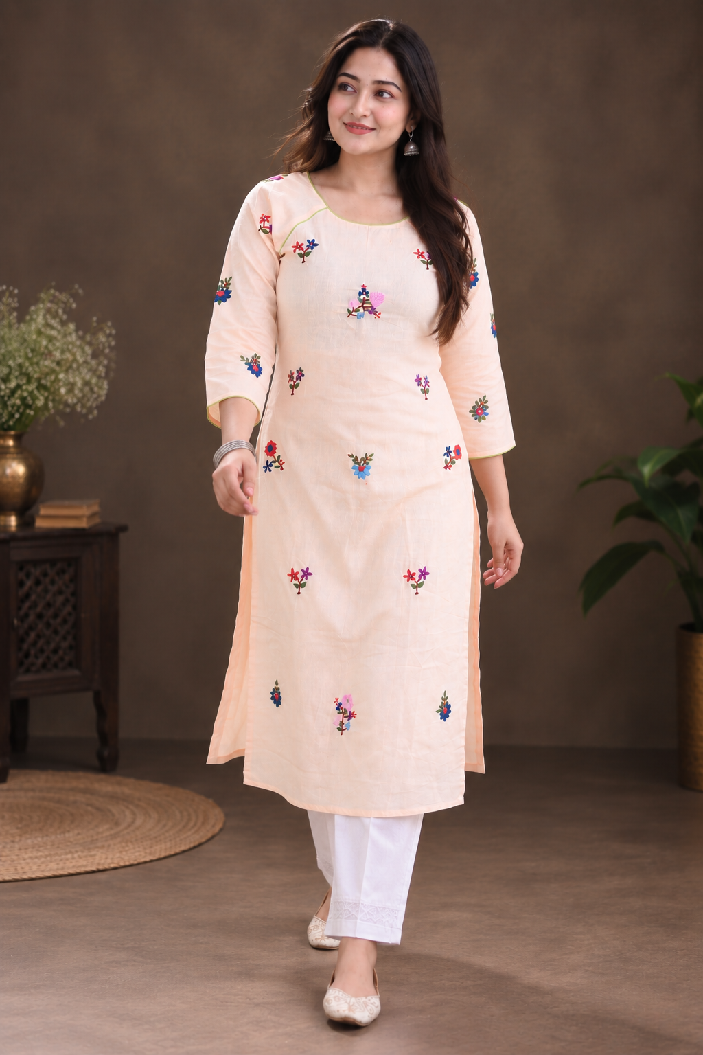 Peach Color Hand Embroidery Kurta