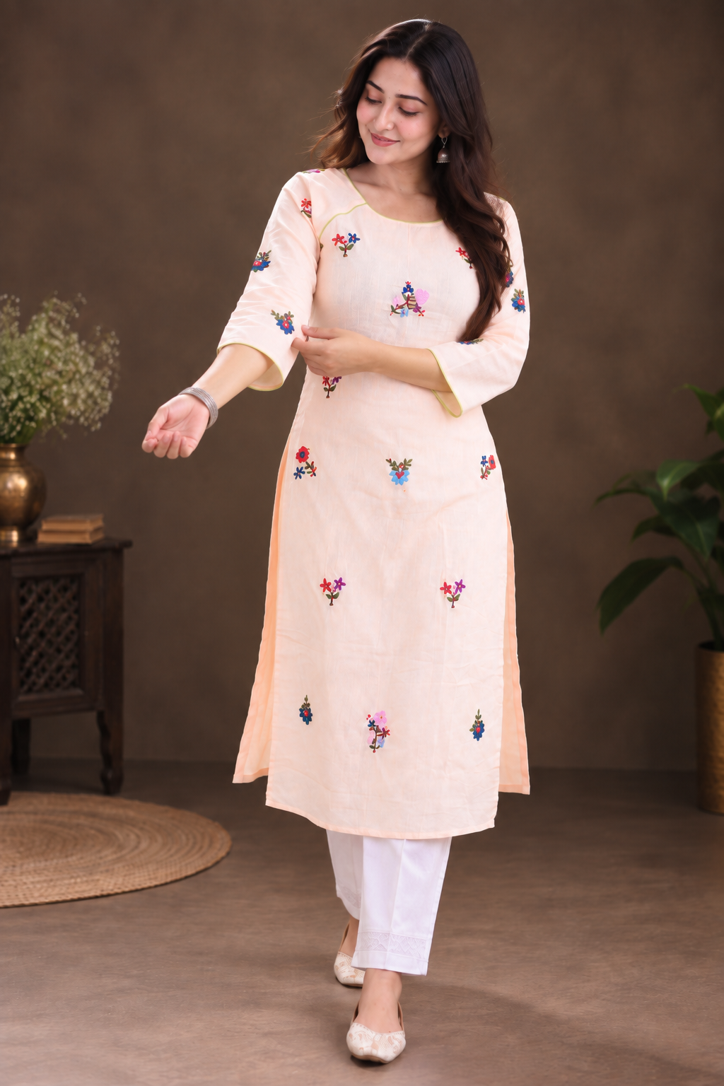 Peach Color Hand Embroidery Kurta