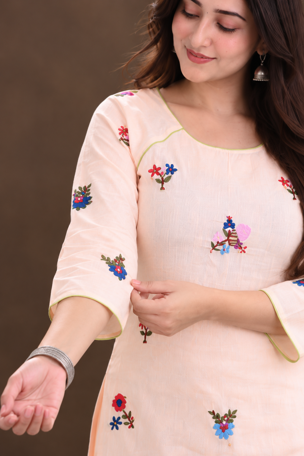 Peach Color Hand Embroidery Kurta