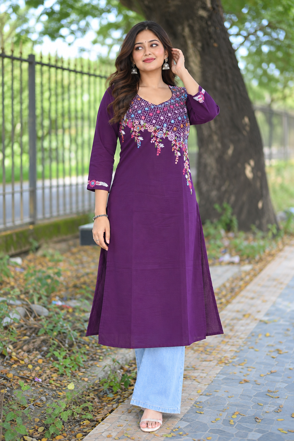 Plum Color Hand Embroidered Cotton Kurta