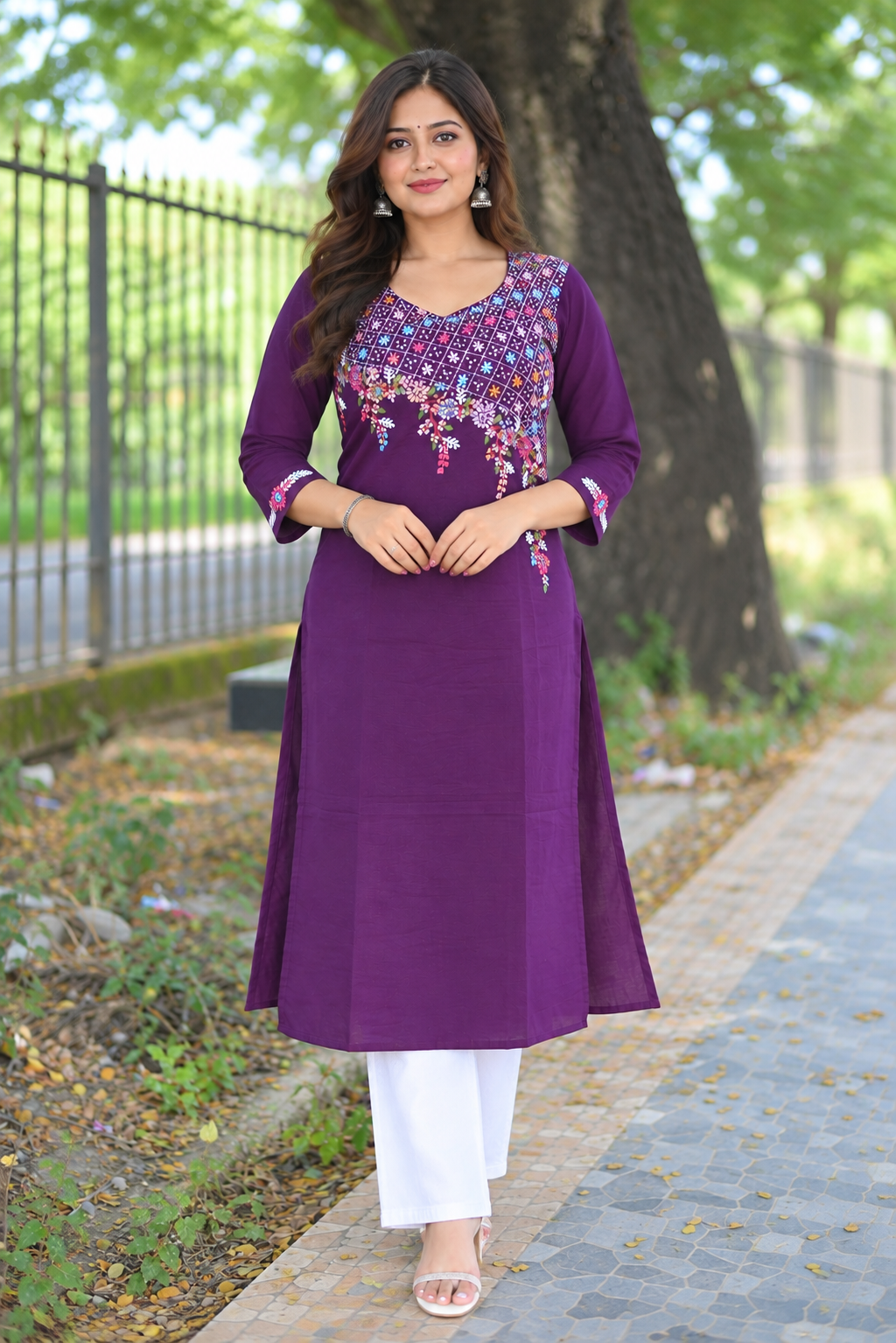Plum Color Hand Embroidered Cotton Kurta