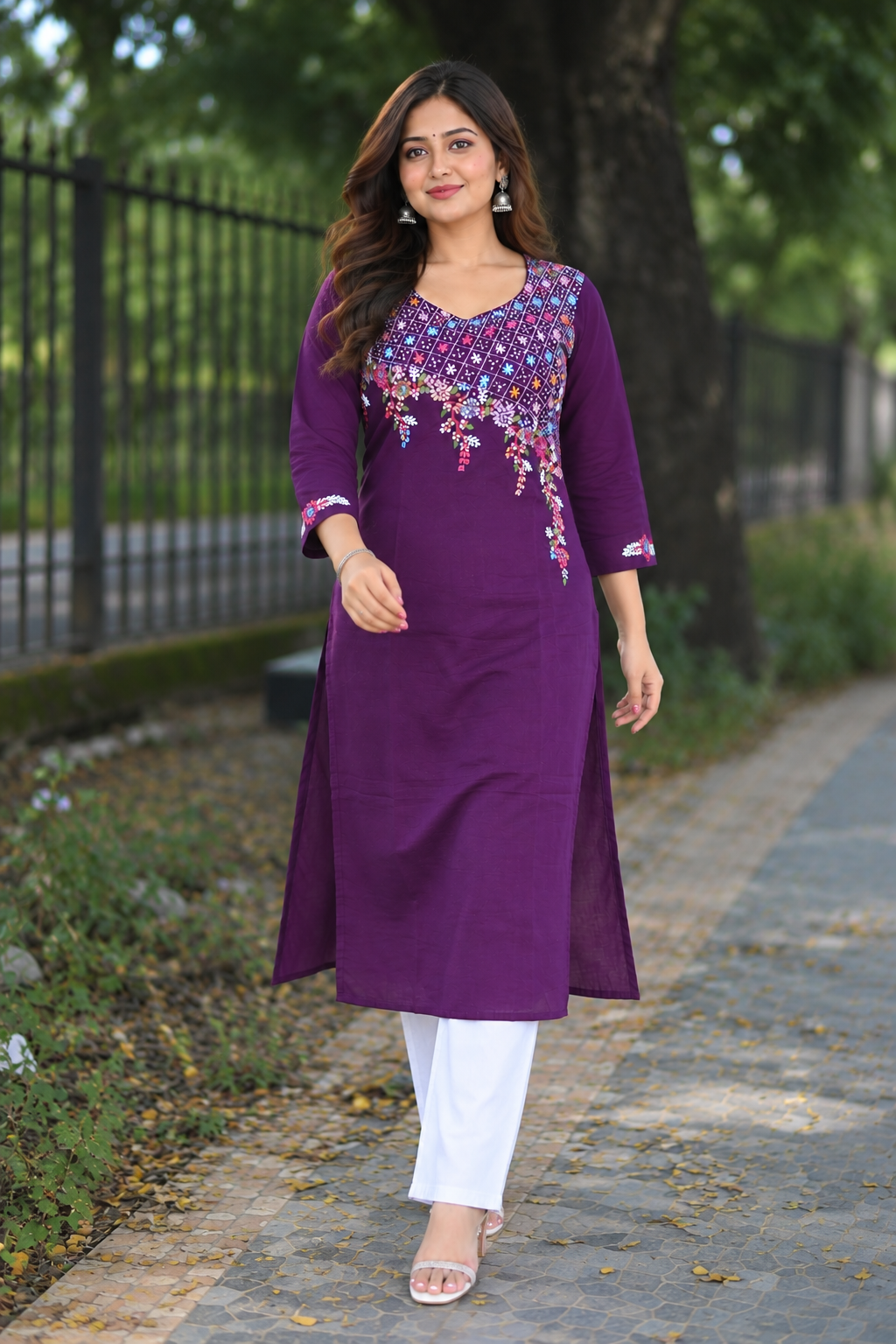 Plum Color Hand Embroidered Cotton Kurta