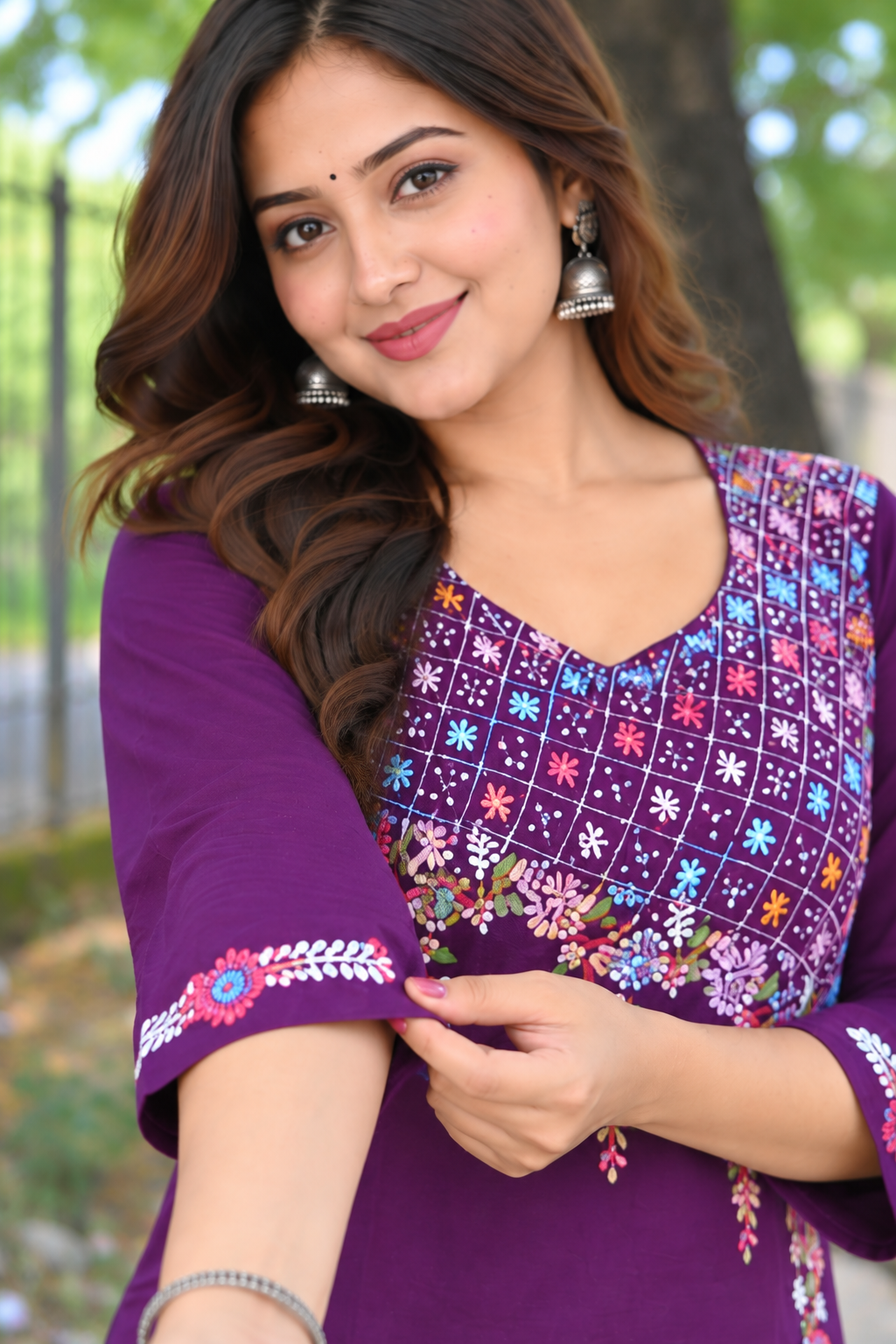 Plum Color Hand Embroidered Cotton Kurta