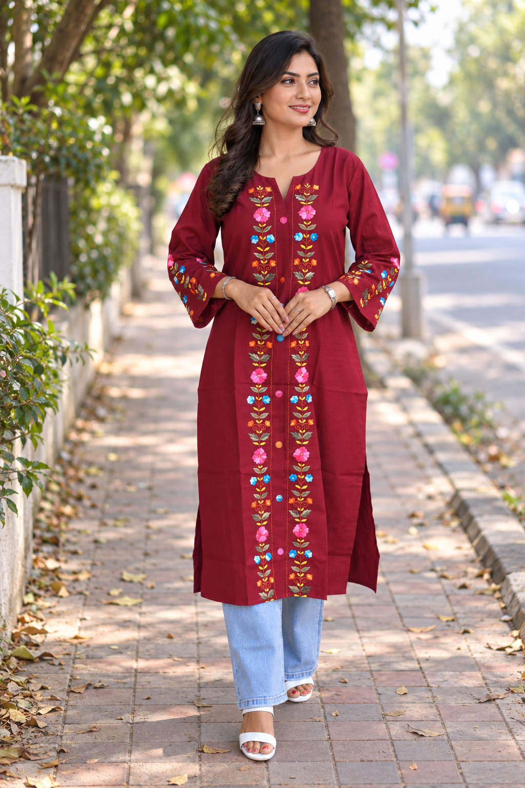 Maroon Hand Embroidered Cotton Kurta