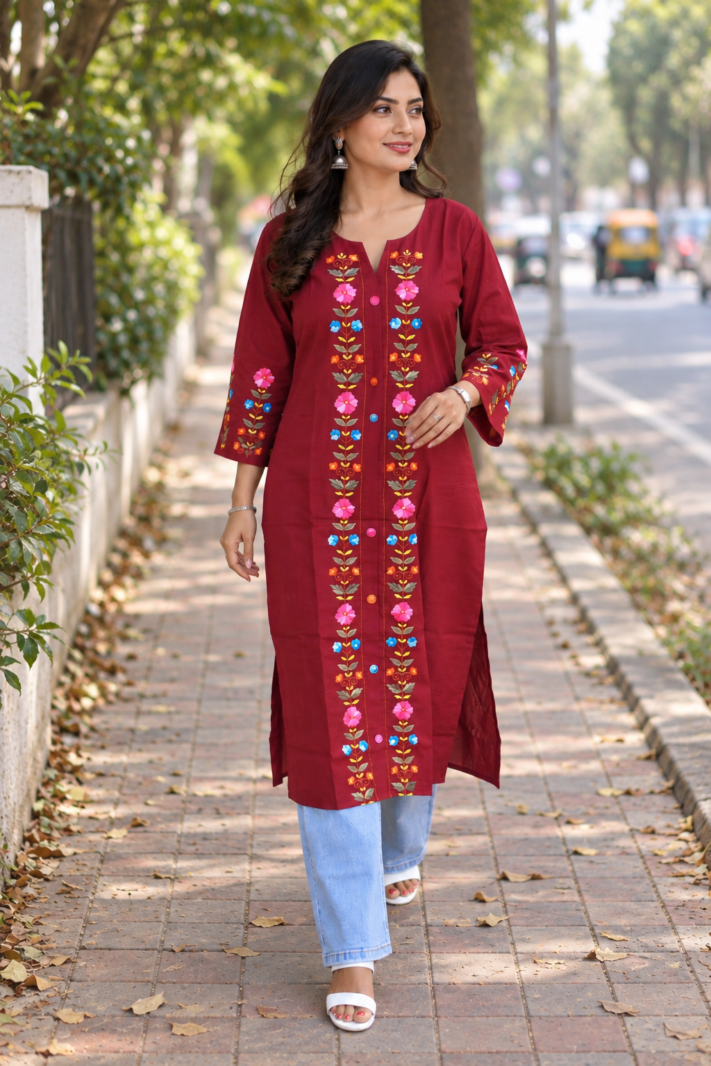 Maroon Hand Embroidered Cotton Kurta