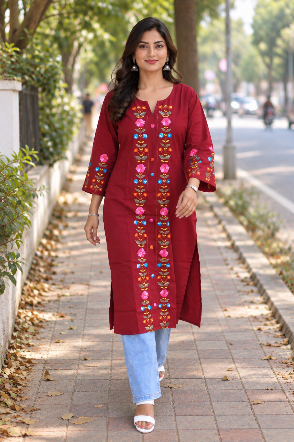 Maroon Hand Embroidered Cotton Kurta