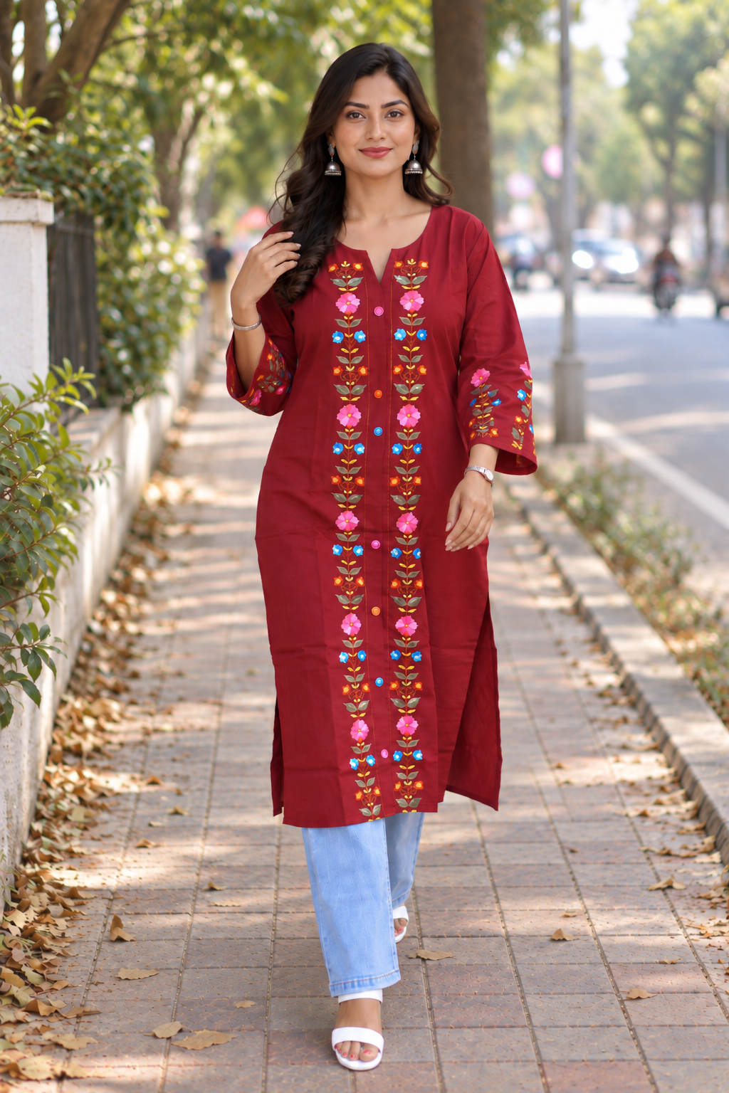 Maroon Hand Embroidered Cotton Kurta