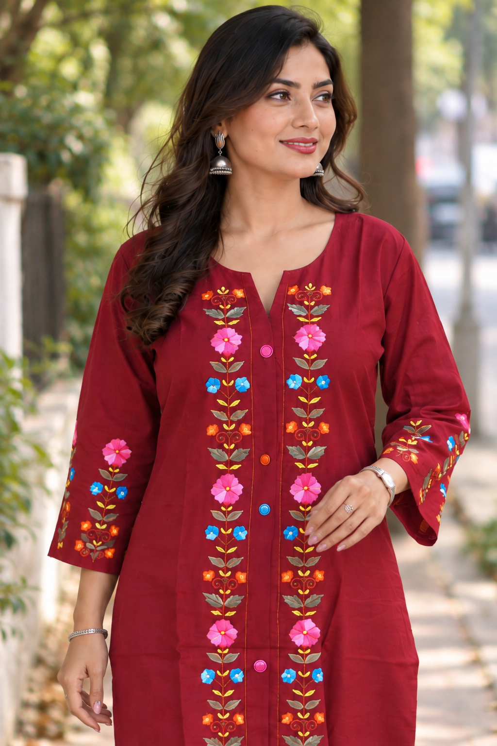 Maroon Hand Embroidered Cotton Kurta