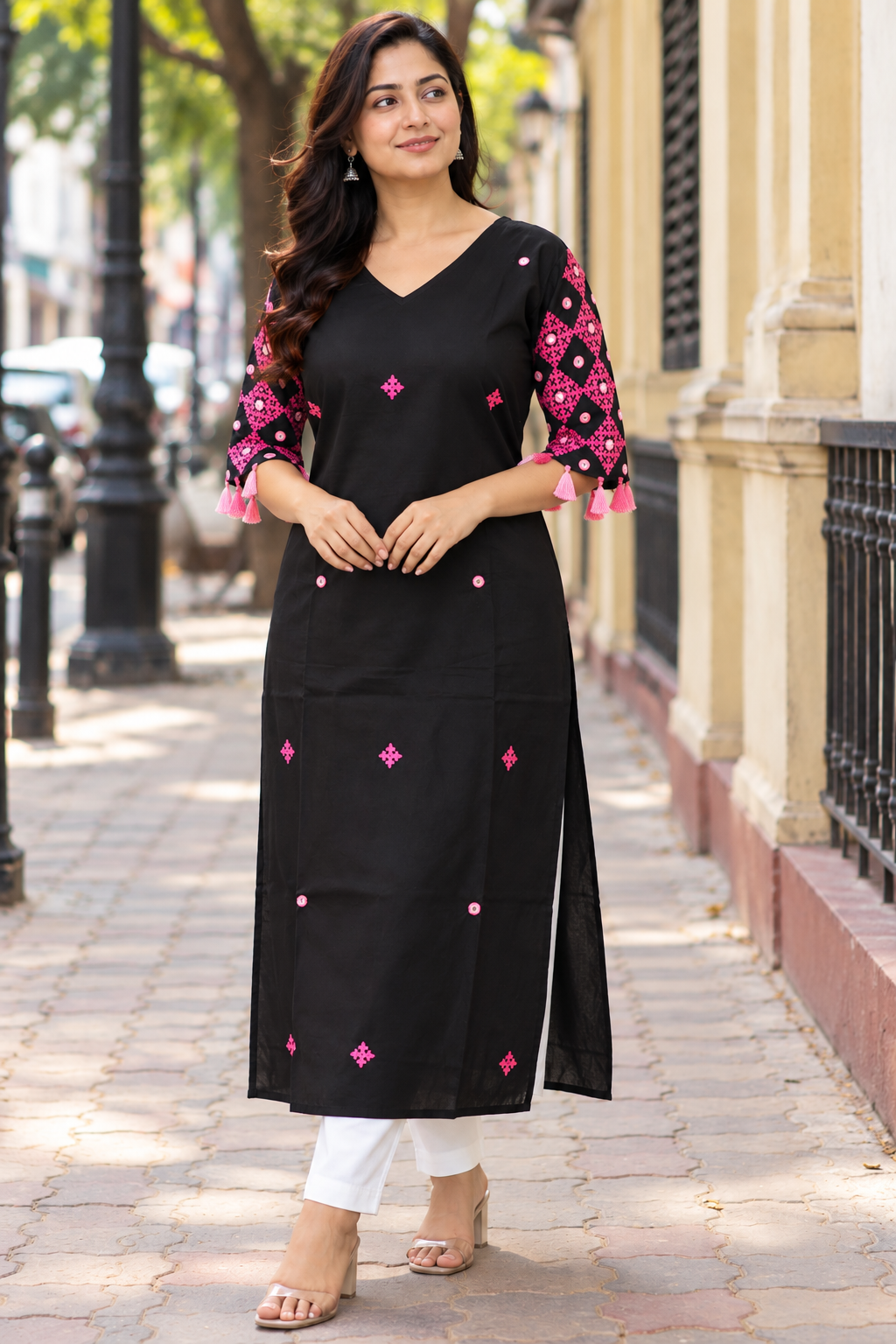 Black  Kutch Hand Embroidered Mirror Work with Hand Tassels Kurta