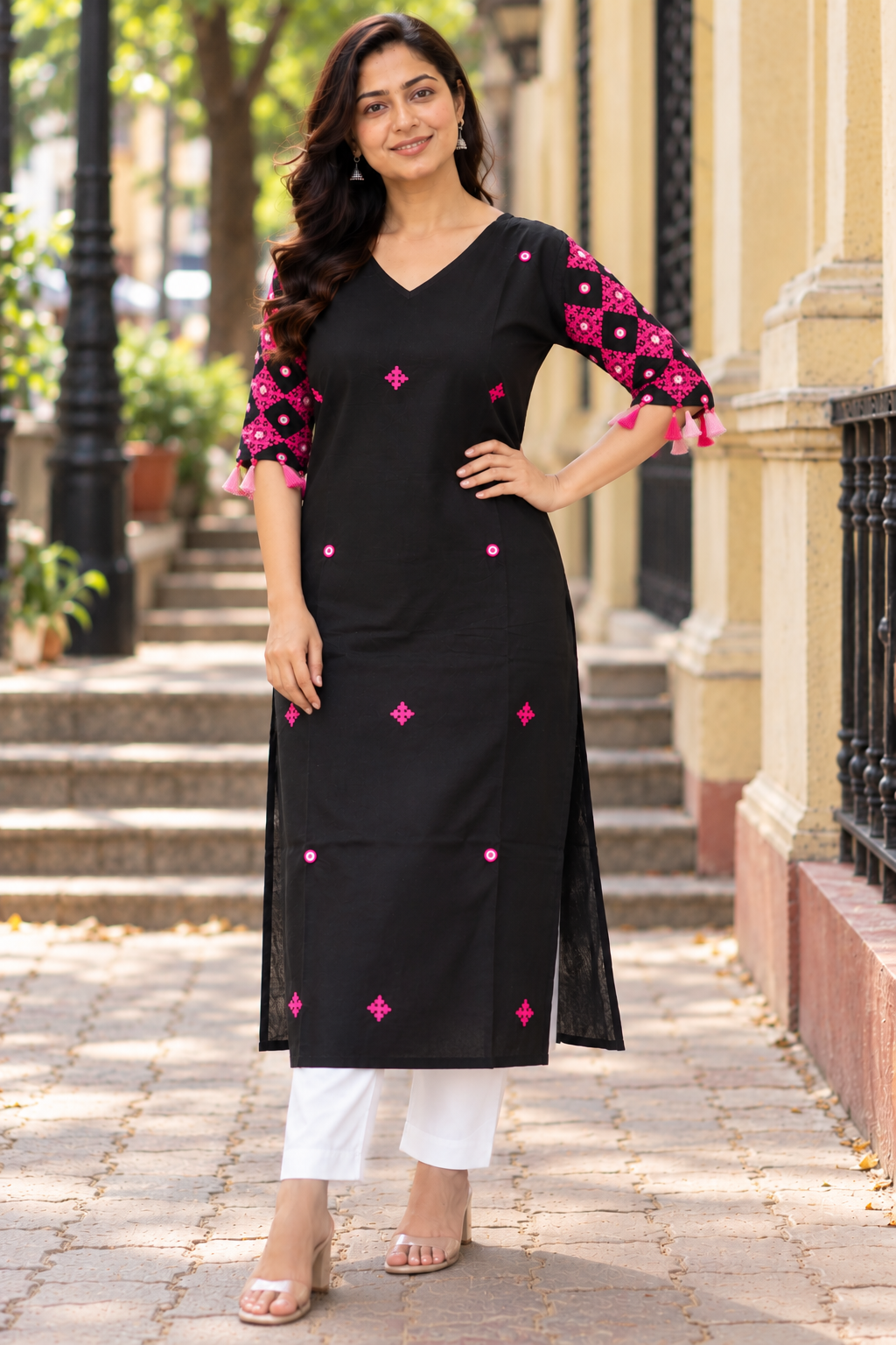 Black  Kutch Hand Embroidered Mirror Work with Hand Tassels Kurta