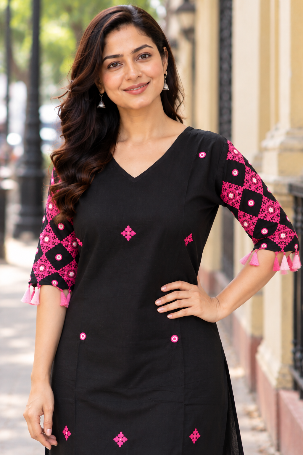 Black  Kutch Hand Embroidered Mirror Work with Hand Tassels Kurta