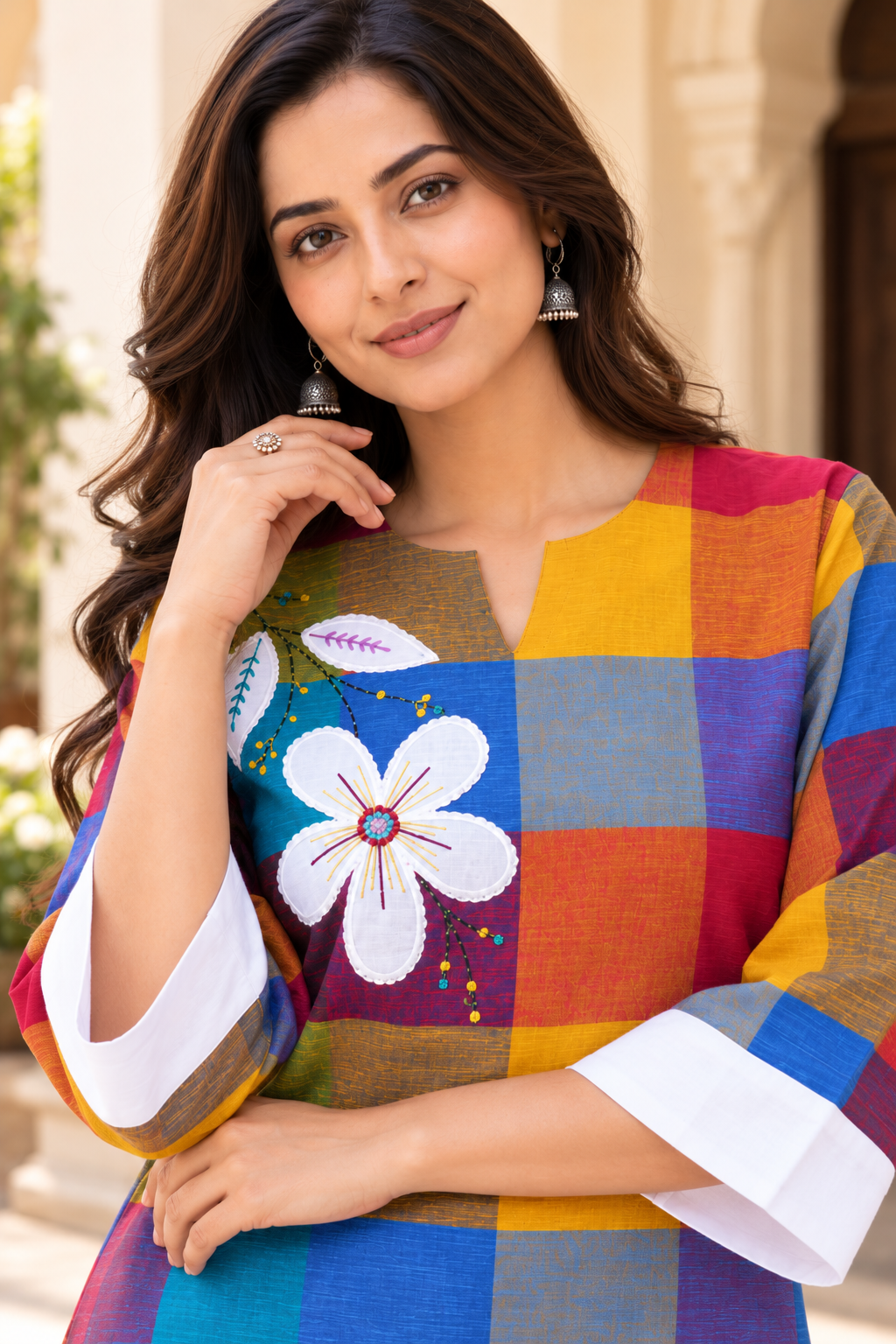 Multi Color Check Cotton Applique Embroidered Kurta